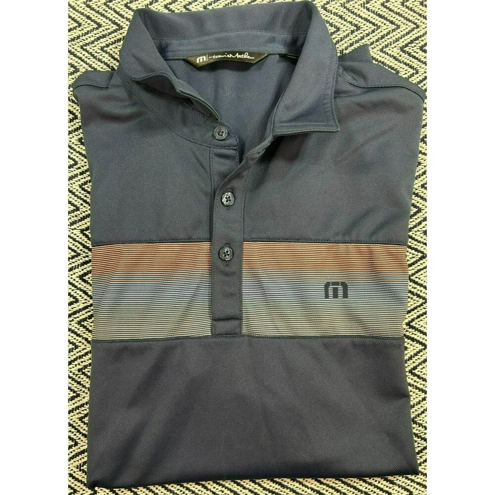 TravisMathew Men's Polo Shirt Navy Blue Stripe Accent L Travis Mathew Short Slee